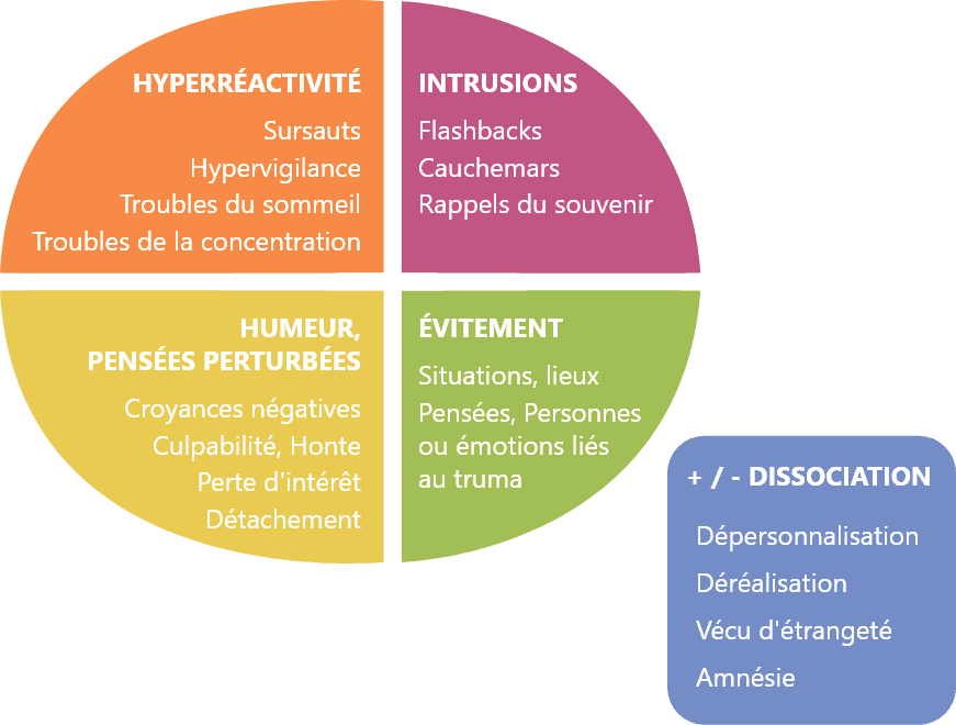 Symptoms of acute stress: hyperreactivity, intrusion, moodiness, disturbed thoughts, avoidance, +/- dissociation